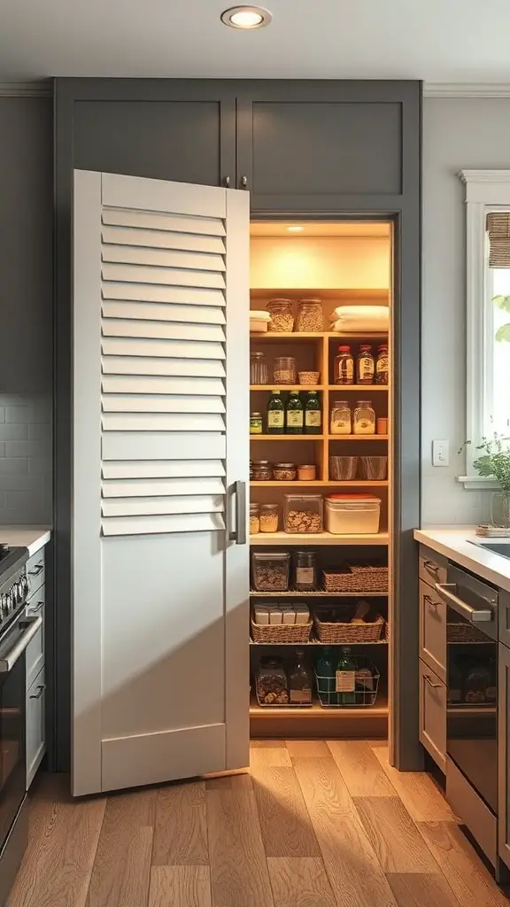 25+ Creative Pantry Door Ideas to Maximize Space and Style 9 A modern kitchen with a louvered pantry door, showcasing organized shelves inside.