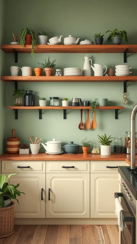 27+ Stunning Sage Green and Wood Kitchen Ideas You’ll Love 9 A cozy kitchen featuring rustic wood shelving against sage green walls, adorned with dishware and plants.