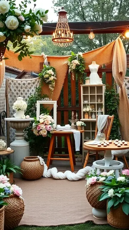 29+ Homegrown Baby Shower Theme Ideas with 15 Must-Have Items 10 A rustic garden decor setup for a baby shower featuring burlap drapes, flowers, and wooden furniture.