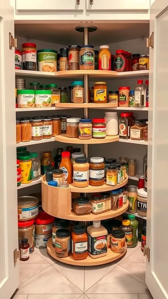 25+ Creative Corner Kitchen Pantry Ideas You’ll Love 9 A corner kitchen pantry featuring multiple Lazy Susans filled with various jars and containers.