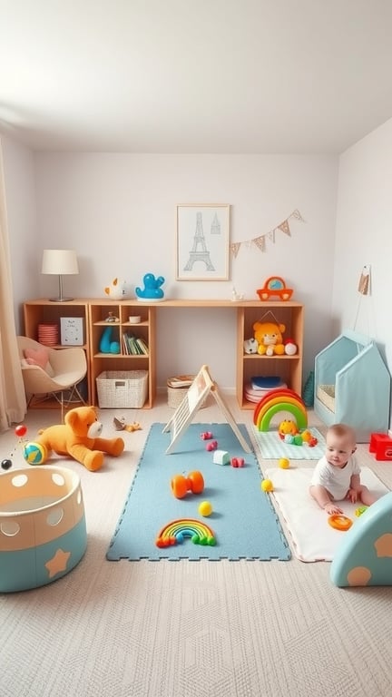 27+ Adorable Gender Neutral Baby Nursery Ideas You’ll Love 11 A gender-neutral baby nursery with colorful toys and play areas for early development.