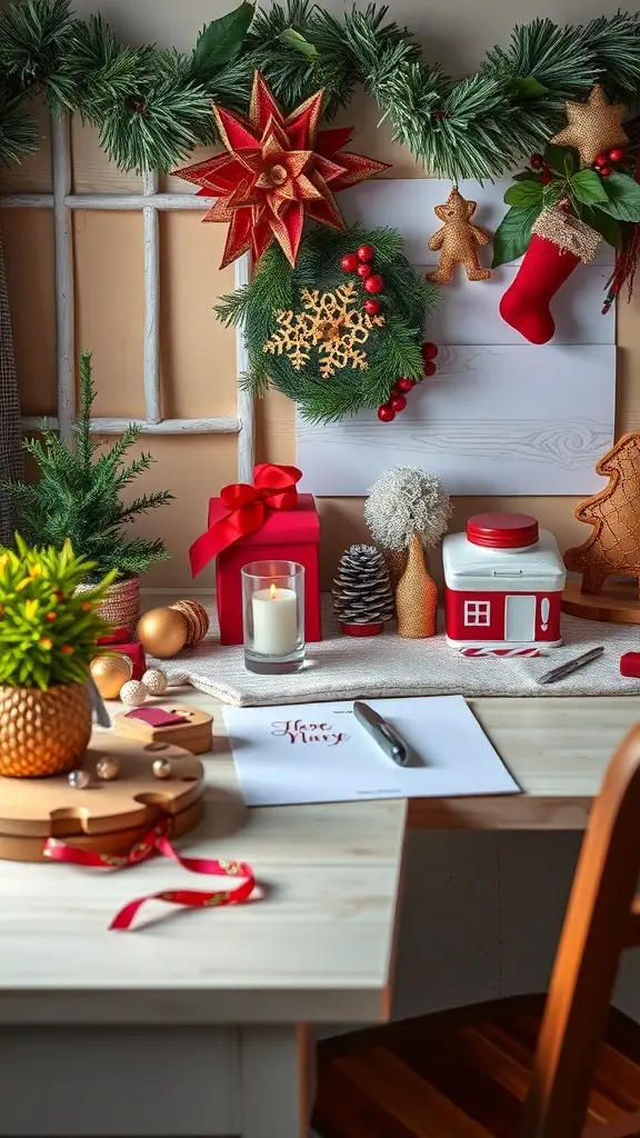 15 Must-Try Desk Organization Ideas for a Tidy Workspace 13 A cozy winter-themed desk with festive decorations including a garland, ornaments, and a candle.