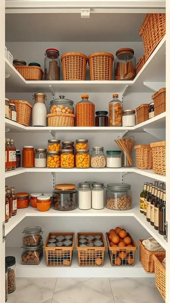 17+ Stylish DIY Pantry Shelf Ideas to Organize Your Space 11 A well-organized pantry with overhead shelves filled with jars and baskets.