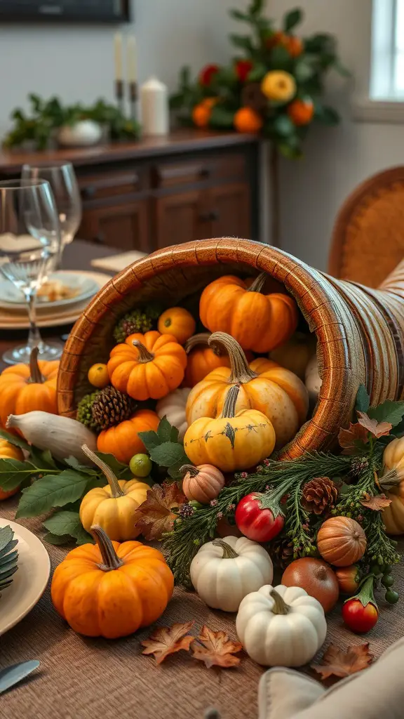 A cornucopia filled with various gourds and pumpkins, creating a warm fall decor.