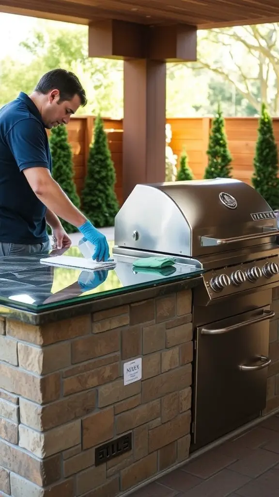 A person cleaning an outdoor grill island with a blue towel on a sunny day.