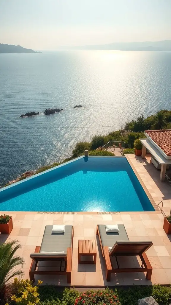 A beautiful infinity pool overlooking the ocean, with lounge chairs and lush greenery.