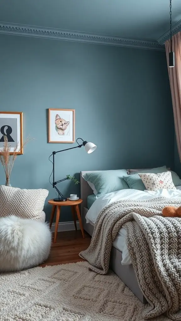 23+ Stunning Dusty Blue Bedroom Ideas to Transform Your Space 6 A cozy dusty blue bedroom featuring knitted blankets, plush pillows, and textured decor.