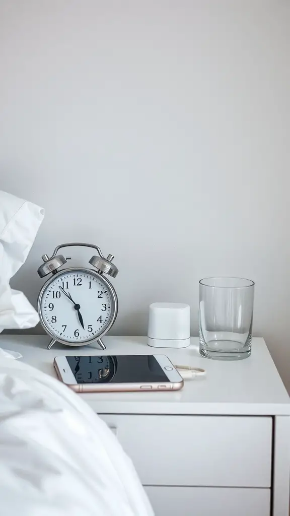 21 Essential Nightstand Organization Ideas for a Clutter-Free Bedroom 4 A neatly organized nightstand with an alarm clock, smartphone, glass of water, and a small lamp.