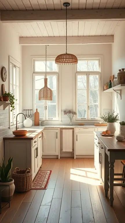 21 Stunning Boho Farmhouse Decor Ideas for a Cozy Home 5 Bright kitchen with large windows, wooden beams, and natural decor elements