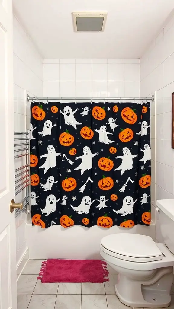 27+ Spooktacular Halloween Bathroom Decor Ideas 5 A Halloween-themed shower curtain featuring white ghosts and orange pumpkins in a bathroom setting.