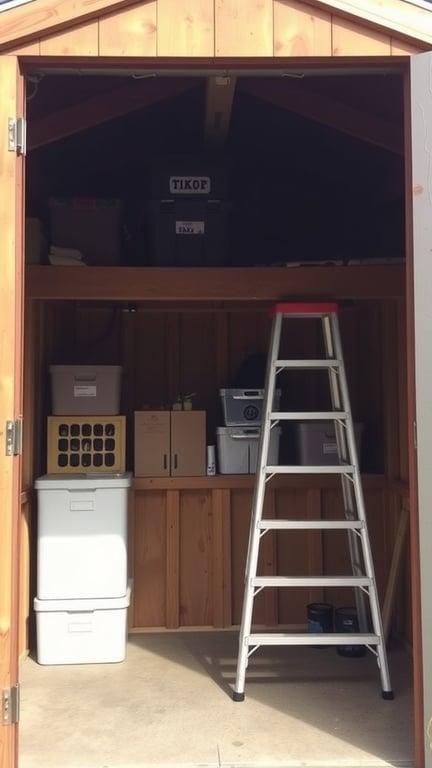 15 Creative DIY Shed Plans for Your Backyard Oasis 16 Interior view of a storage shed with a loft space and organized storage bins.
