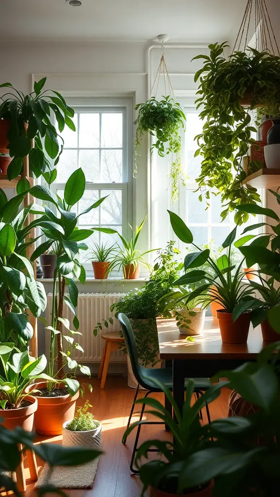 23+ Cozy Homeschool Room Ideas for a Perfect Learning Space 12 Cozy homeschool room filled with various indoor plants, showcasing a bright and inviting atmosphere.