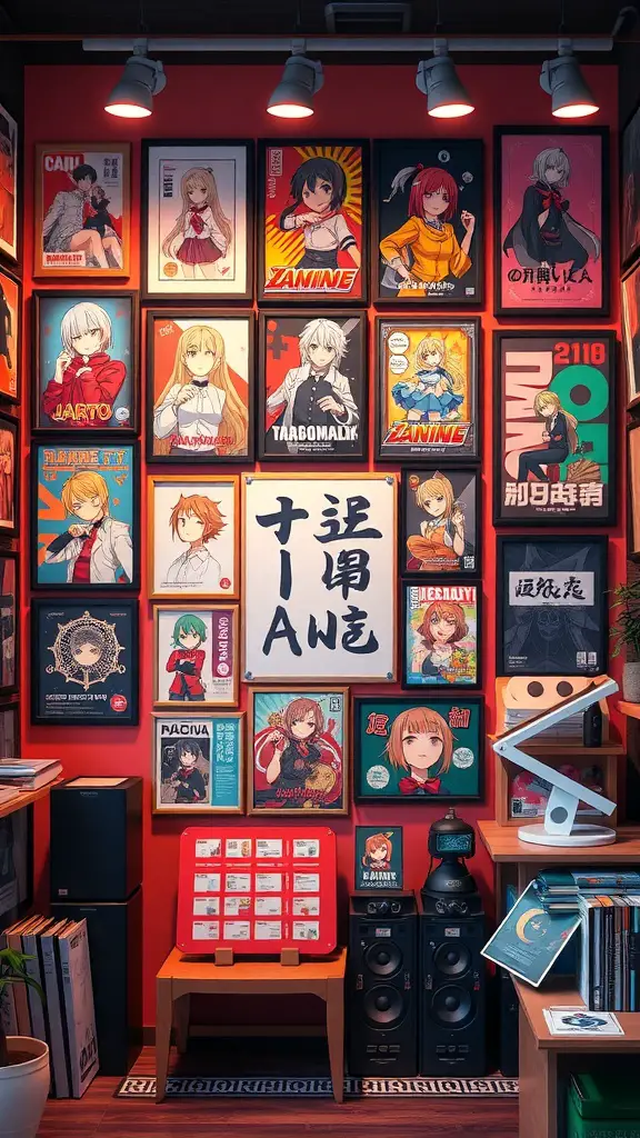 A vibrant wall display featuring various anime posters in colorful frames.