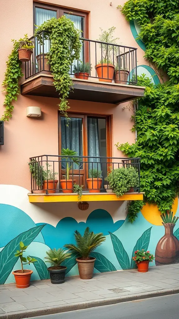 23+ Inspiring Outdoor Balcony Ideas to Elevate Your Space 13 A colorful balcony with plants and a vibrant wall mural.