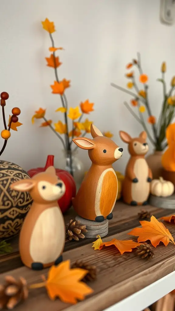 27+ Creative Fall Wood Crafts to Make This Season 14 Three wooden deer figurines surrounded by autumn leaves and pinecones