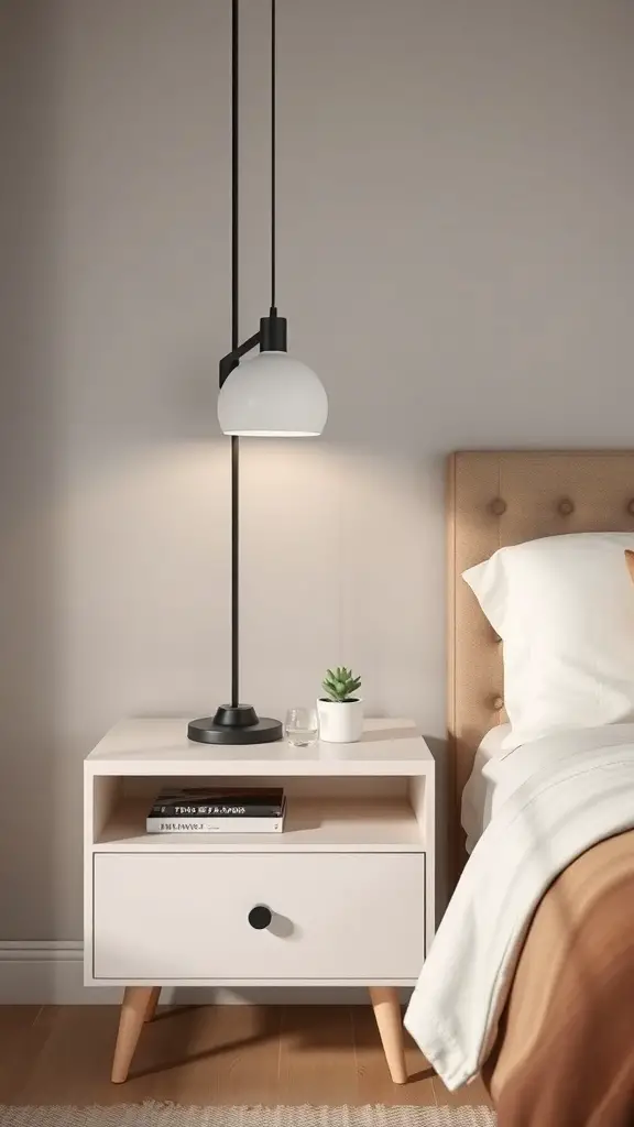 21 Essential Nightstand Organization Ideas for a Clutter-Free Bedroom 14 A minimalist nightstand with a lamp and a small round object, showcasing a clean and organized space.