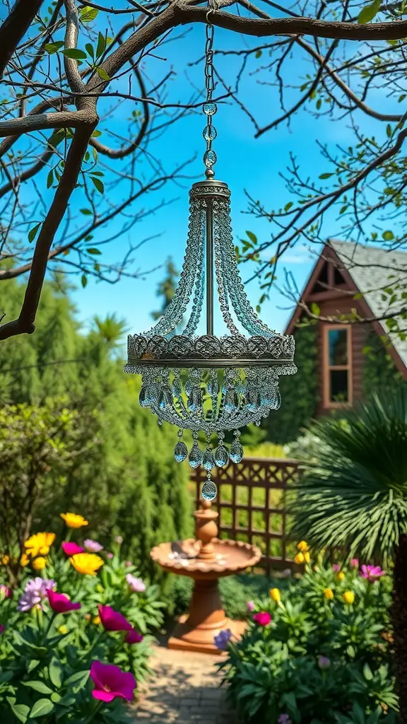 A glass chandelier hanging from a tree branch in a colorful garden