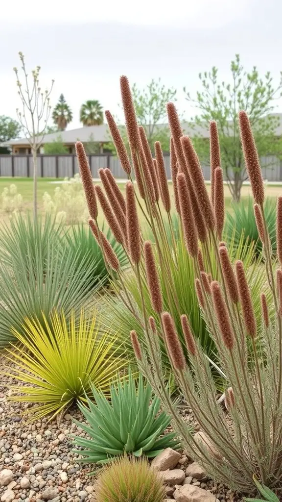 27+ Creative Xeriscape Landscaping Ideas for a Sustainable Garden 4 A xeriscape garden featuring various native plants, including tall flower spikes and spiky green foliage.