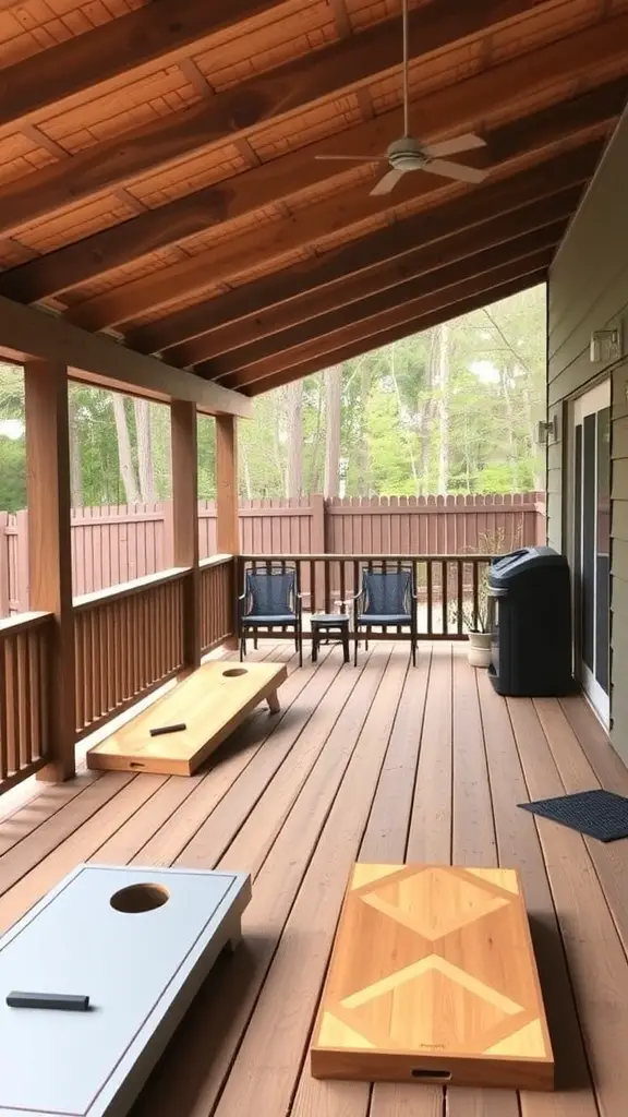 21+ Must-Have Features for Your Covered Deck Oasis 11 A covered deck with people playing cornhole and enjoying each other's company.