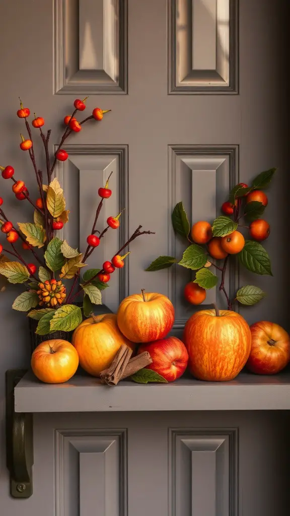 23+ Charming Fall Door Decorations to Welcome the Season 14 A fall door decoration featuring apples, cinnamon sticks, and colorful leaves.