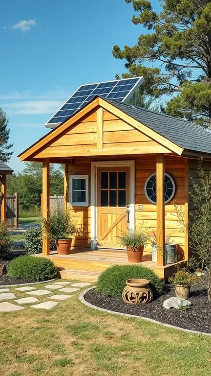 15 Creative DIY Shed Plans for Your Backyard Oasis 15 A wooden shed with solar panels on the roof, surrounded by a well-kept garden.