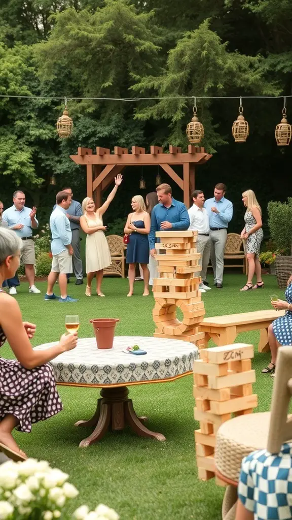 21+ Delightful Garden Tea Party Ideas for Your Next Event 21 A garden tea party with guests playing giant Jenga and enjoying drinks.