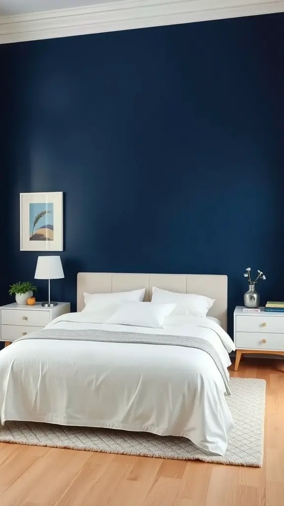 A bedroom featuring a bold navy blue accent wall, light bedding, and simple decor.
