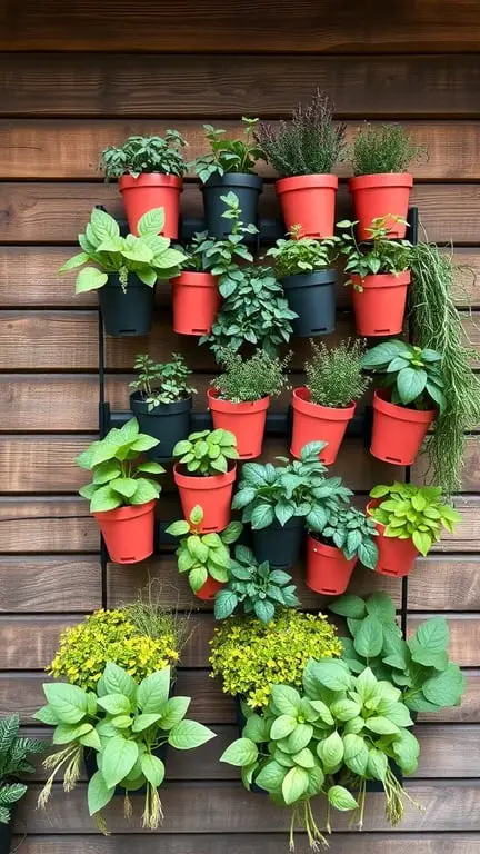 19+ Stunning Tiered Garden Ideas to Elevate Your Outdoor Space 7 Vertical herb garden with colorful pots arranged on a wooden wall.