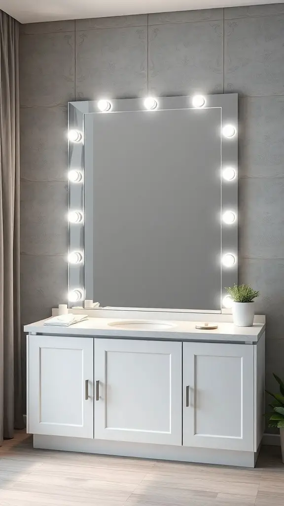 27+ Creative Vanity Organization Ideas You’ll Love 8 A modern vanity mirror with lights, paired with a white vanity cabinet.