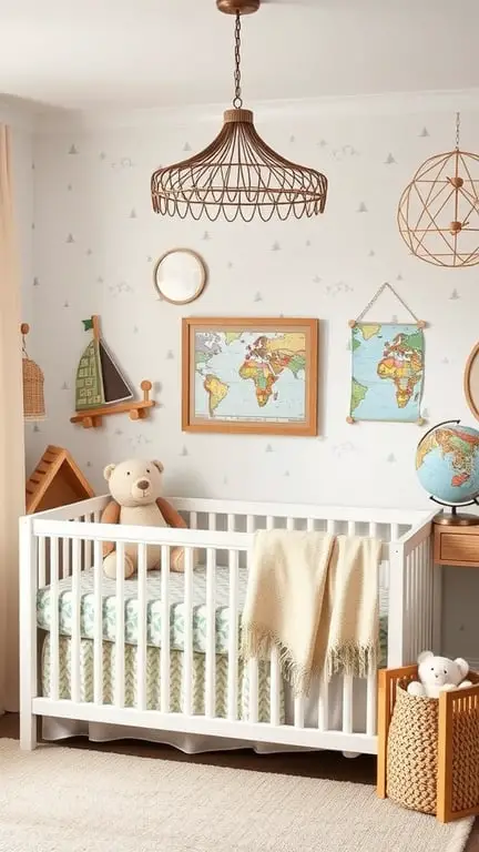 27+ Adorable Baby Nursery Ideas for Boys 11 A cozy nursery with an adventure theme, featuring a crib, teddy bear, globe, and maps.