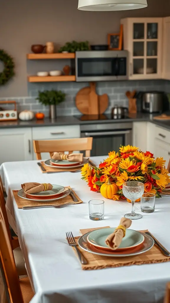 21+ Stunning Fall Kitchen Decor Ideas to Elevate Your Space 12 A cozy autumn-inspired table setting with sunflowers, pumpkins, and green plates.