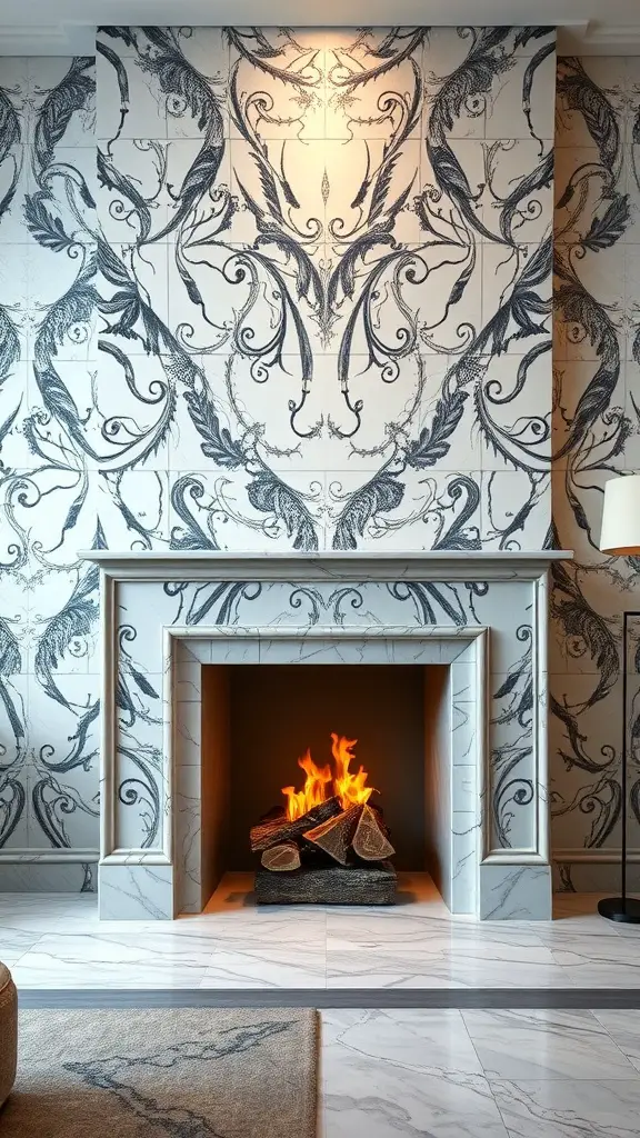 19+ Creative Fireplace Wall Ideas to Transform Your Space 6 Elegant marble fireplace surround with intricate patterns and classic design.