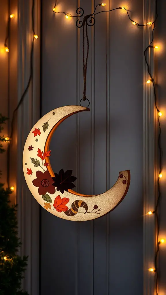 19+ Creative DIY Fall Door Hanger Ideas to Welcome the Season 14 A crescent moon door hanger decorated with autumn leaves and flowers, illuminated by fairy lights.