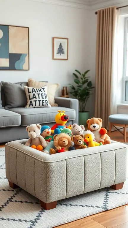 23+ Creative Toy Storage Ideas for a Clutter-Free Home 15 A cozy living room featuring a toy storage ottoman filled with colorful stuffed animals.