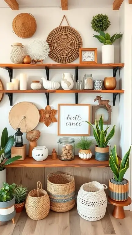 21 Stunning Boho Farmhouse Decor Ideas for a Cozy Home 2 A stylish arrangement of handcrafted decor pieces on wooden shelves, featuring woven baskets, plants, and decorative items.