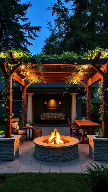 21+ Stunning Firepit Backyard Landscaping Ideas You’ll Love 2 A cozy backyard with a wooden pergola, fire pit, and comfortable seating, surrounded by greenery.