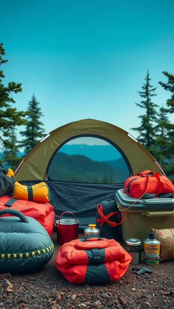 25+ Creative Tent Camping Setup Ideas for Your Next Adventure 2 A well-organized tent camping setup featuring sleeping bags, a cooler, and cooking gear.