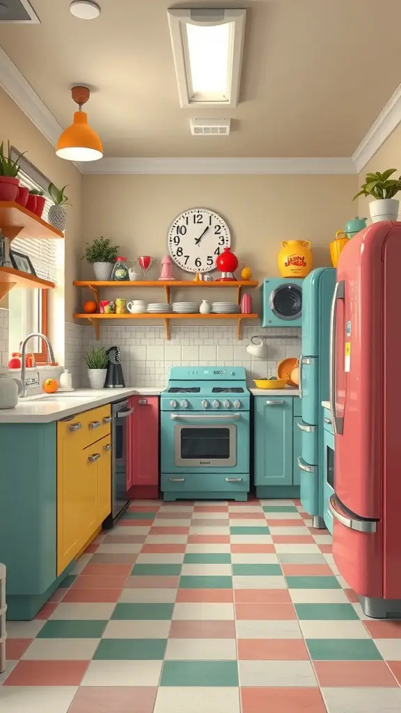 23+ Creative Bloxburg Kitchen Ideas to Transform Your Space 2 A bright and colorful retro kitchen featuring teal and yellow cabinets, a pink refrigerator, and a checkerboard floor.