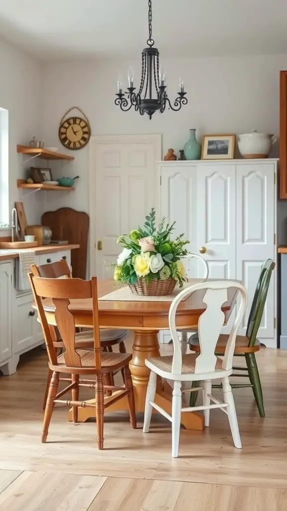 33+ Vintage Farmhouse Kitchen Ideas You'll Love 2 A cozy farmhouse kitchen featuring an antique dining table surrounded by mismatched chairs and a floral centerpiece.