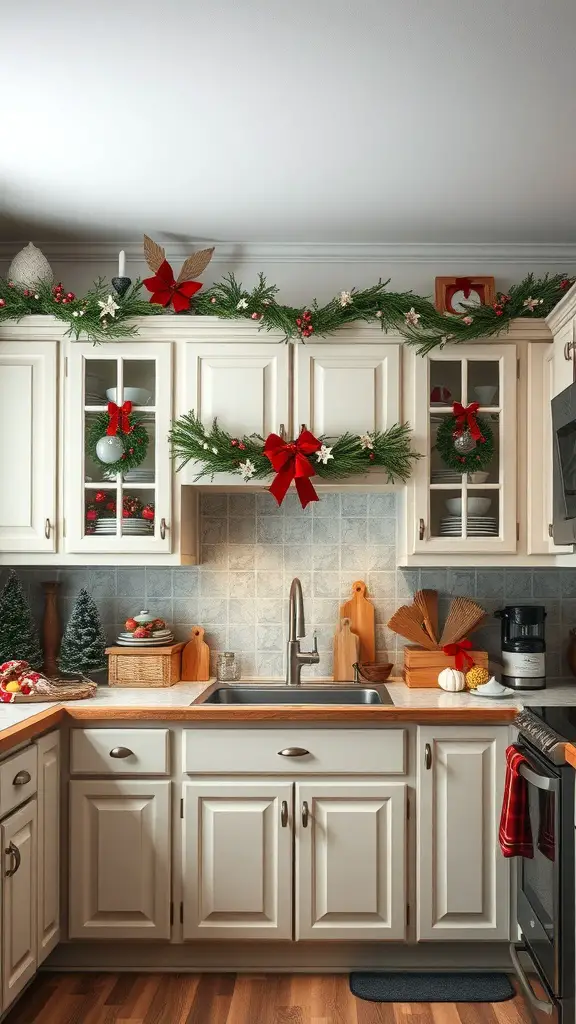 27+Creative Ideas for Decorating Space Above Kitchen Cabinets 2 A kitchen with seasonal decor above the cabinets, featuring greenery, red bows, and festive ornaments.