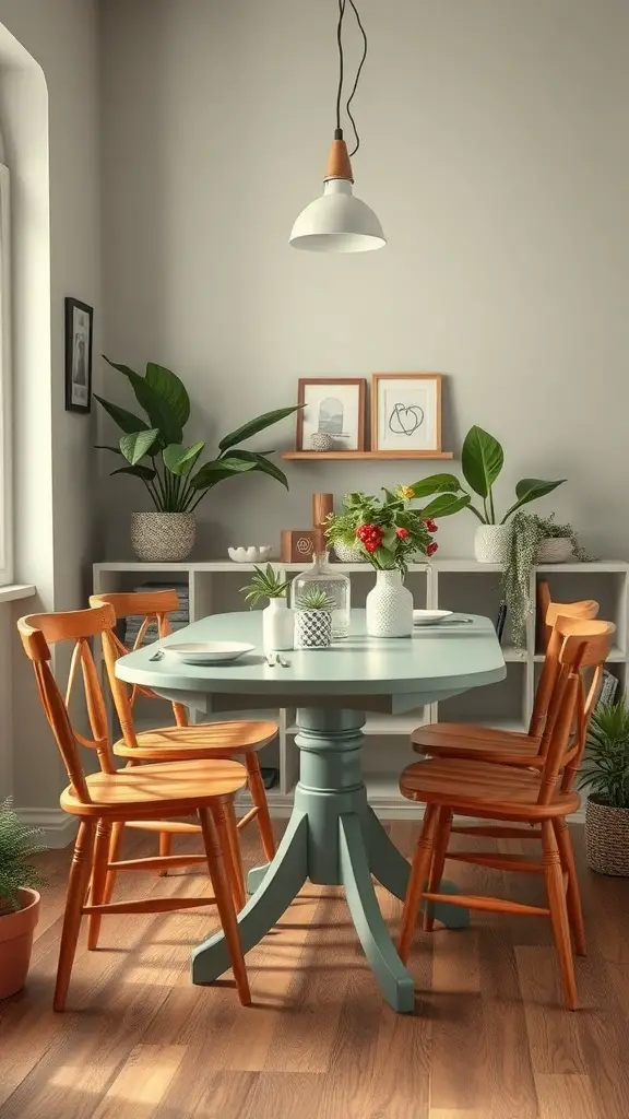 27+ Stunning Sage Green and Wood Kitchen Ideas You’ll Love 2 A cozy dining nook featuring a sage green table and wooden chairs, surrounded by plants and decorative items.