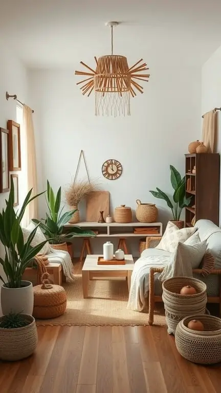 21 Stunning Boho Farmhouse Decor Ideas for a Cozy Home 4 Cozy living room with earthy color palette, featuring plants, woven baskets, and natural materials.
