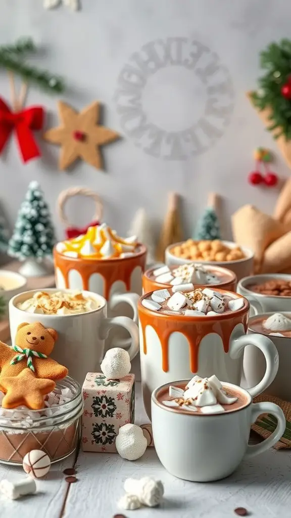 21+ Fun Winter Birthday Party Ideas for All Ages 7 A beautifully arranged hot chocolate bar with various mugs of hot chocolate, toppings, and festive decorations.