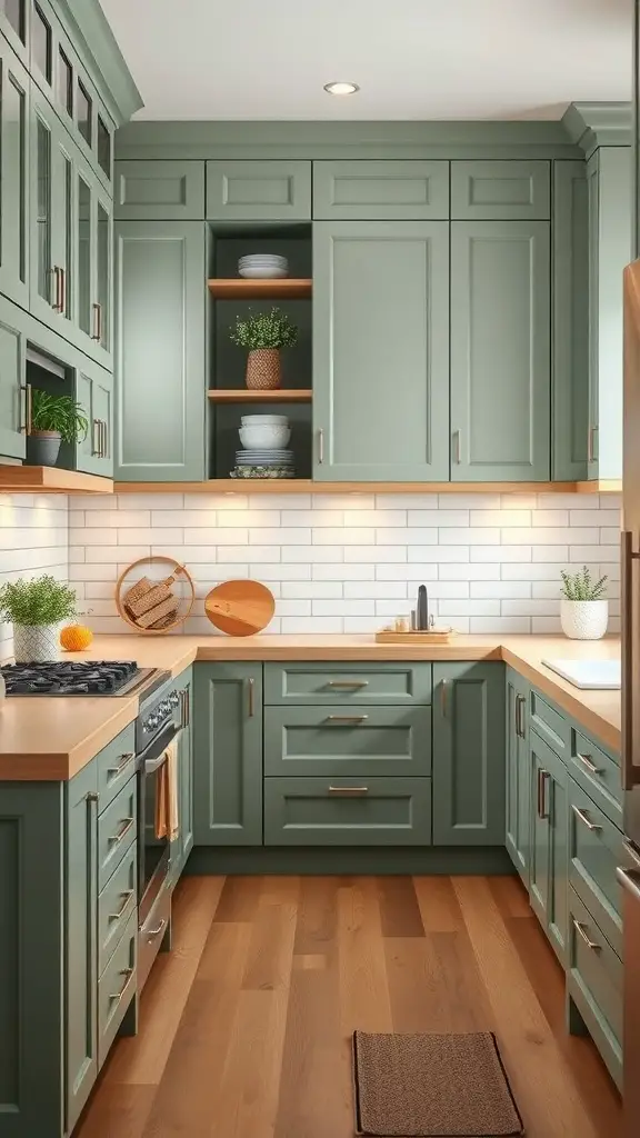 29+ Stunning Sage Green Kitchen Ideas to Transform Your Space 2 A sage green kitchen featuring natural wood elements, including cabinets and countertops.