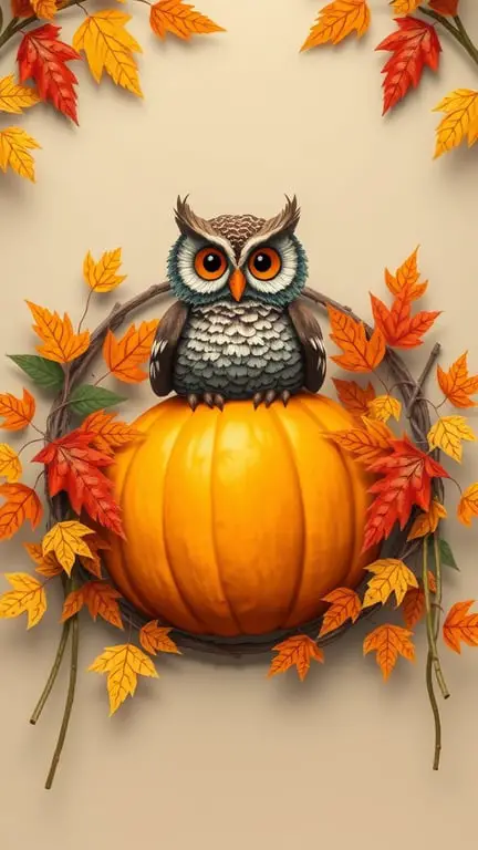 23+ Stunning Fall Wreath Ideas to Welcome the Season 10 A whimsical wreath with an owl on a pumpkin and autumn leaves.