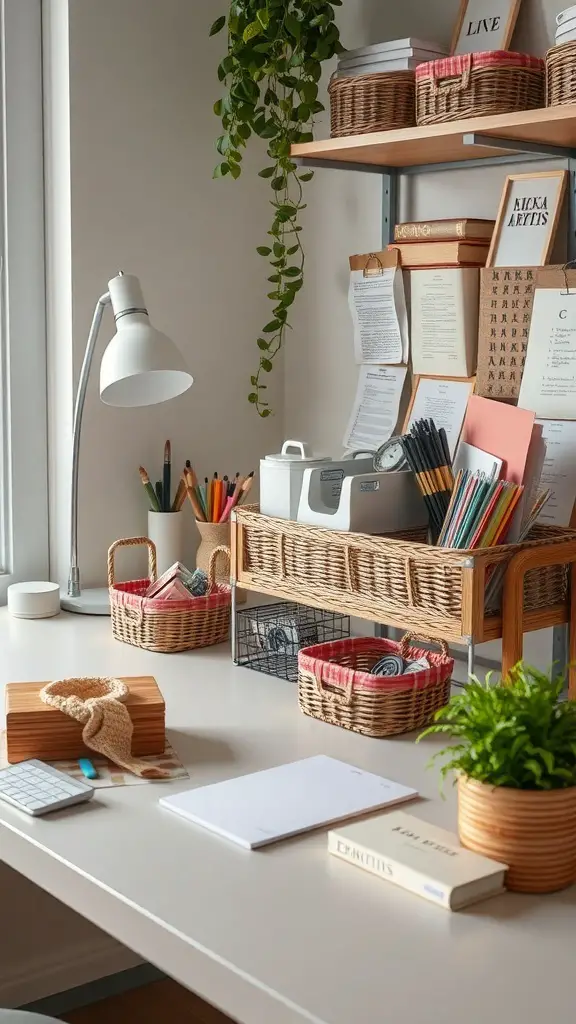 15 Must-Try Desk Organization Ideas for a Tidy Workspace 16 A neatly organized work desk featuring various baskets for storage, a lamp, and plants.