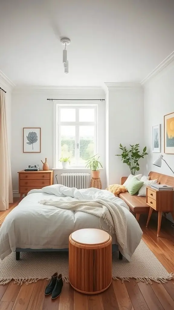 25+ Must-Have Items for a Cozy Scandinavian Bedroom 16 A cozy Scandinavian bedroom featuring a mix of modern and vintage furniture, with wooden elements and plants.