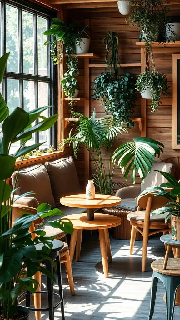 21 Unique Coffee Corner Ideas to Enhance Your Home Decor 4 A cozy coffee corner with wooden walls, comfortable seating, and various plants.