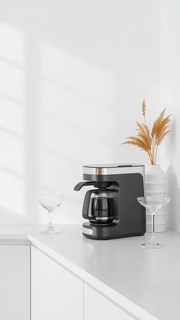 27 Creative Coffee Station Ideas You’ll Love 2 A minimalist modern coffee station featuring a sleek coffee maker, elegant glassware, and a decorative vase with dried plants on a clean white countertop.