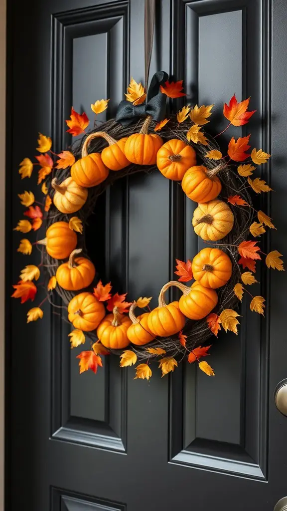 27+ Creative DIY Halloween Decorations You Can Make at Home 14 A DIY Halloween wreath adorned with orange pumpkins and autumn leaves, hanging on a black door.